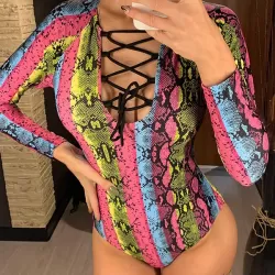Long Sleeve Color-Block Snake-Print Bandage Wetsuit