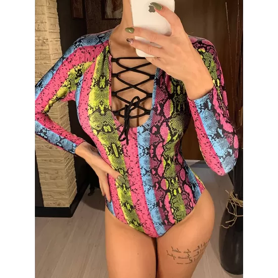 Long Sleeve Color-Block Snake-Print Bandage Wetsuit Long Sleeve Color-Block Snake-Print Bandage Wetsuit