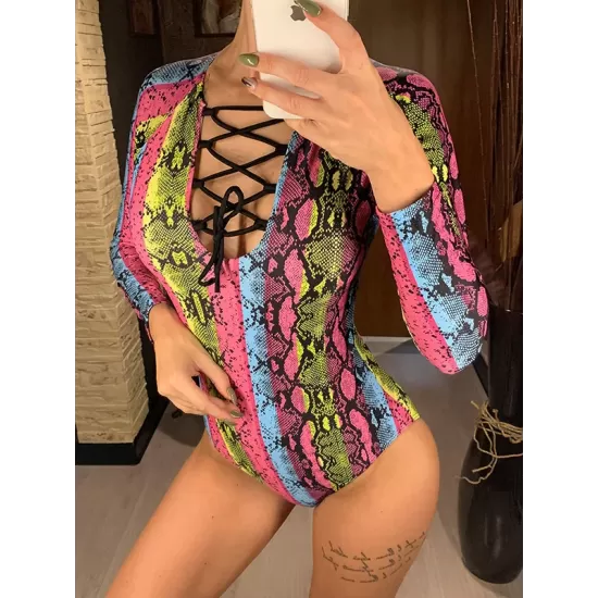 Long Sleeve Color-Block Snake-Print Bandage Wetsuit Long Sleeve Color-Block Snake-Print Bandage Wetsuit