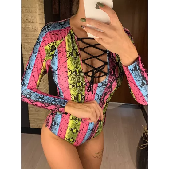 Long Sleeve Color-Block Snake-Print Bandage Wetsuit Long Sleeve Color-Block Snake-Print Bandage Wetsuit