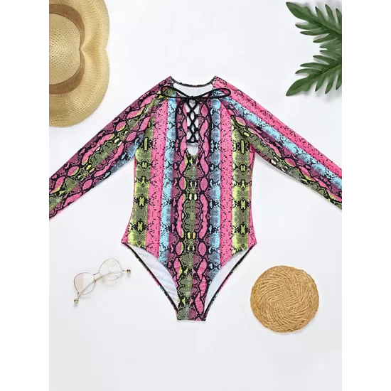 Long Sleeve Color-Block Snake-Print Bandage Wetsuit Long Sleeve Color-Block Snake-Print Bandage Wetsuit