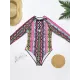 Long Sleeve Color-Block Snake-Print Bandage Wetsuit Long Sleeve Color-Block Snake-Print Bandage Wetsuit