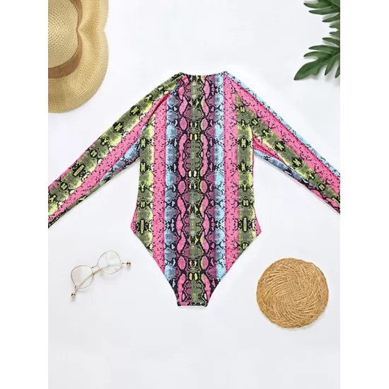 Long Sleeve Color-Block Snake-Print Bandage Wetsuit Long Sleeve Color-Block Snake-Print Bandage Wetsuit