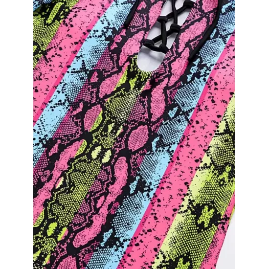 Long Sleeve Color-Block Snake-Print Bandage Wetsuit Long Sleeve Color-Block Snake-Print Bandage Wetsuit