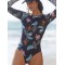 Flower&Leaves Print Long Sleeves One-Piece Wetsuit