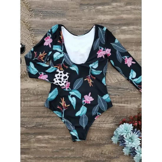 Flower&Leaves Print Long Sleeves One-Piece Wetsuit Flower&Leaves Print Long Sleeves One-Piece Wetsuit