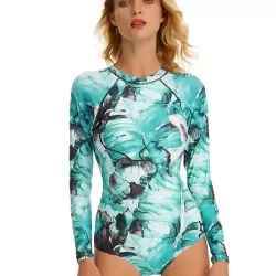Floral Printed Ink Style Long Sleeves Zipper One-Piece Wetsuits