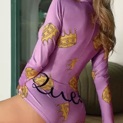 Crown-Print V-Neck Long Sleeve One-Piece Wetsuit Swimwear