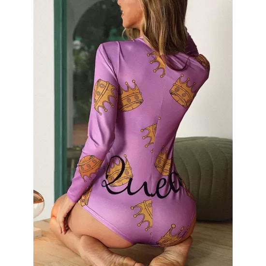Crown-Print V-Neck Long Sleeve One-Piece Wetsuit Swimwear Crown-Print V-Neck Long Sleeve One-Piece Wetsuit Swimwear