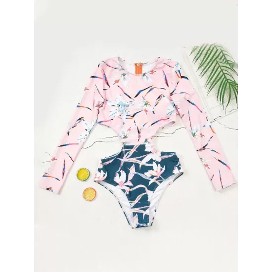 Monokini Long Sleeve Contrast Color Floral Zipper Rash Guard Monokini Long Sleeve Contrast Color Floral Zipper Rash Guard