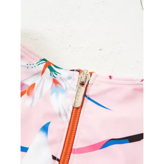 Monokini Long Sleeve Contrast Color Floral Zipper Rash Guard Monokini Long Sleeve Contrast Color Floral Zipper Rash Guard