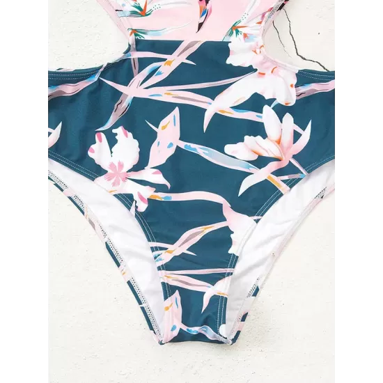 Monokini Long Sleeve Contrast Color Floral Zipper Rash Guard Monokini Long Sleeve Contrast Color Floral Zipper Rash Guard