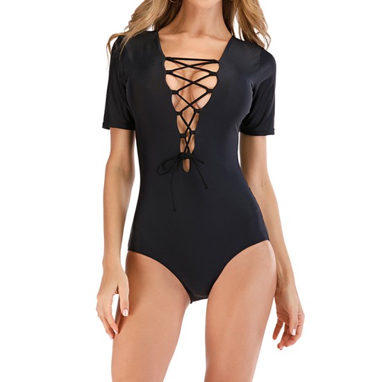 Sexy Bandage Deep V-Neck Short Sleeve Wetsuit Sexy Bandage Deep V-Neck Short Sleeve Wetsuit