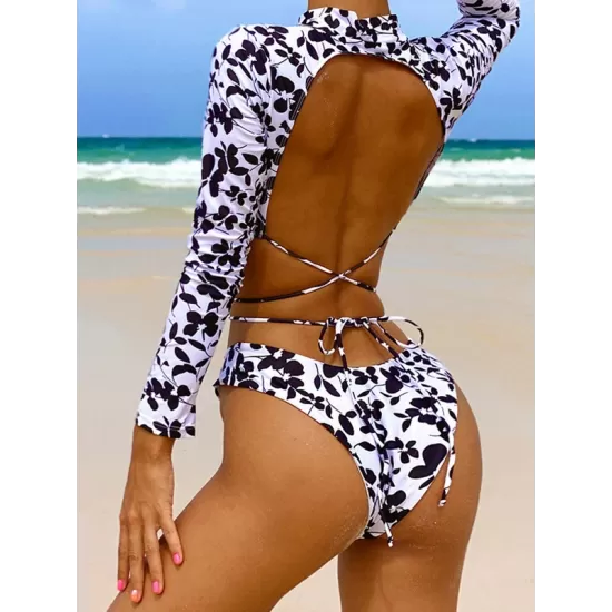Sexy Backless Lace-Up Floral-Printed Wetsuits Sexy Backless Lace-Up Floral-Printed Wetsuits