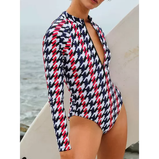 Plaid Zipper Long-Sleeves One-Piece Wetsuit Plaid Zipper Long-Sleeves One-Piece Wetsuit