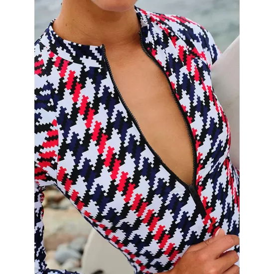 Plaid Zipper Long-Sleeves One-Piece Wetsuit Plaid Zipper Long-Sleeves One-Piece Wetsuit