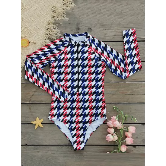 Plaid Zipper Long-Sleeves One-Piece Wetsuit Plaid Zipper Long-Sleeves One-Piece Wetsuit
