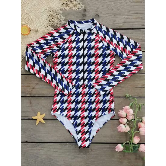 Plaid Zipper Long-Sleeves One-Piece Wetsuit Plaid Zipper Long-Sleeves One-Piece Wetsuit