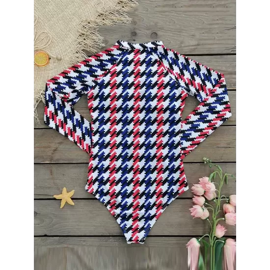 Plaid Zipper Long-Sleeves One-Piece Wetsuit Plaid Zipper Long-Sleeves One-Piece Wetsuit