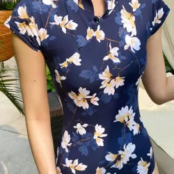 Cheongsam Style Zipper Short Sleeve Buttons Floral One-Piece Swimsuit