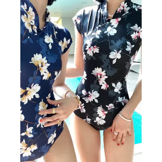 Cheongsam Style Zipper Short Sleeve Buttons Floral One-Piece Swimsuit Cheongsam Style Zipper Short Sleeve Buttons Floral One-Piece Swimsuit