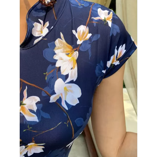 Cheongsam Style Zipper Short Sleeve Buttons Floral One-Piece Swimsuit Cheongsam Style Zipper Short Sleeve Buttons Floral One-Piece Swimsuit