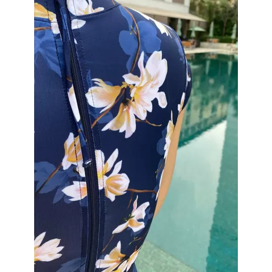 Cheongsam Style Zipper Short Sleeve Buttons Floral One-Piece Swimsuit Cheongsam Style Zipper Short Sleeve Buttons Floral One-Piece Swimsuit
