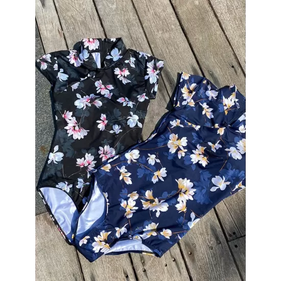 Cheongsam Style Zipper Short Sleeve Buttons Floral One-Piece Swimsuit Cheongsam Style Zipper Short Sleeve Buttons Floral One-Piece Swimsuit