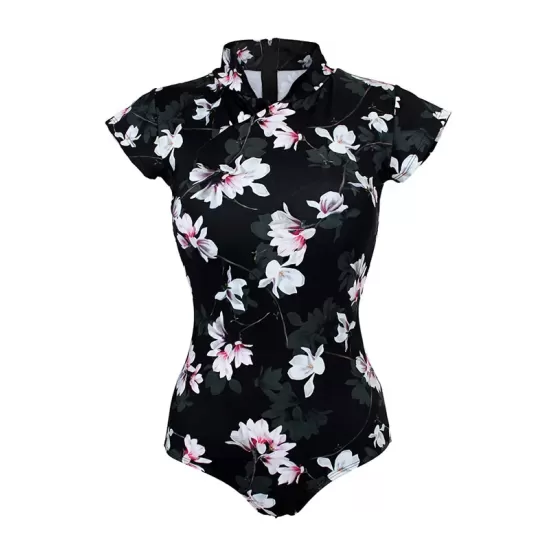 Cheongsam Style Zipper Short Sleeve Buttons Floral One-Piece Swimsuit Cheongsam Style Zipper Short Sleeve Buttons Floral One-Piece Swimsuit