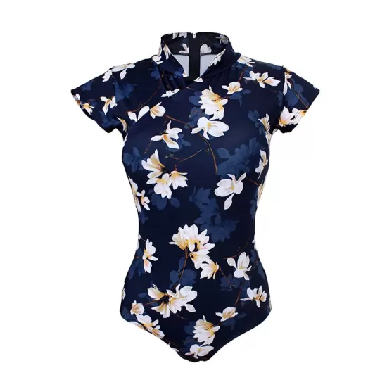 Cheongsam Style Zipper Short Sleeve Buttons Floral One-Piece Swimsuit Cheongsam Style Zipper Short Sleeve Buttons Floral One-Piece Swimsuit
