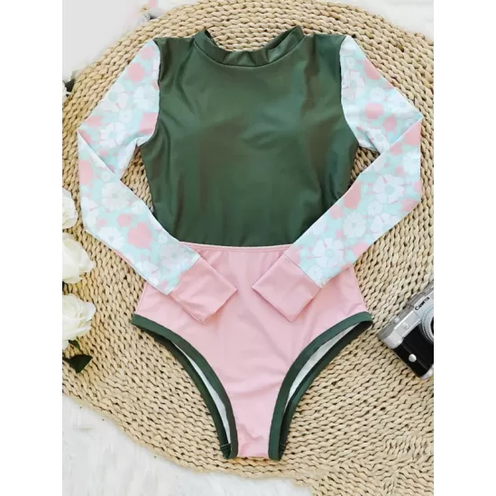 Floral Long Sleeve Split-Joint Contrast Color Backless One-Piece Wetsuit Floral Long Sleeve Split-Joint Contrast Color Backless One-Piece Wetsuit
