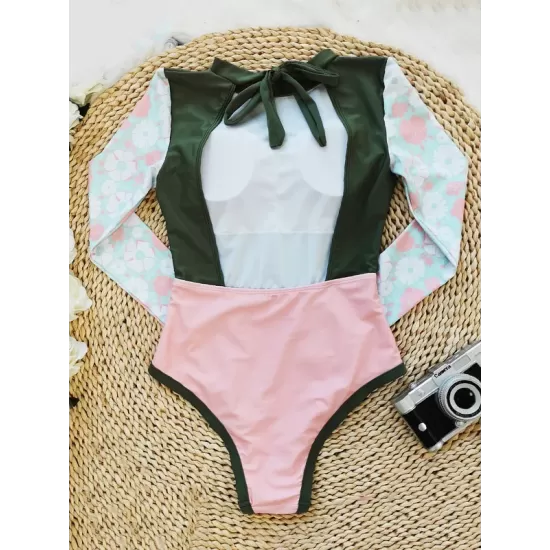 Floral Long Sleeve Split-Joint Contrast Color Backless One-Piece Wetsuit Floral Long Sleeve Split-Joint Contrast Color Backless One-Piece Wetsuit