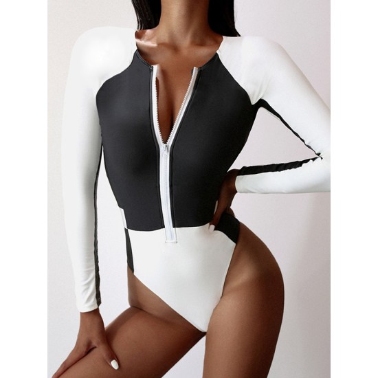 Rash Guards Color-Block Long Sleeve Zipper One-Piece Swimwear Rash Guards Color-Block Long Sleeve Zipper One-Piece Swimwear
