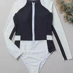 Rash Guards Color-Block Long Sleeve Zipper One-Piece Swimwear
