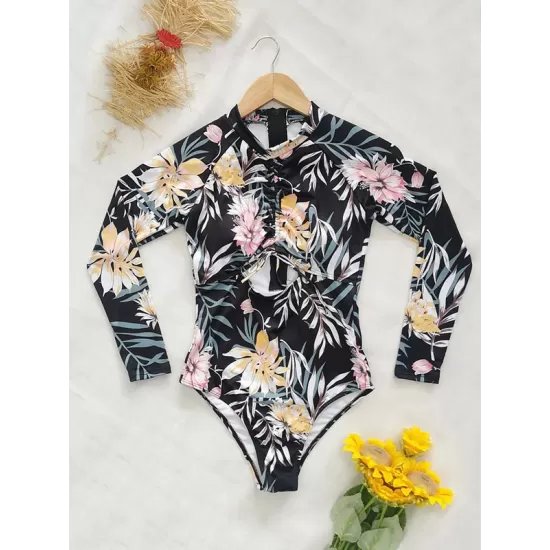 Long Sleeve Floral-Print Hollow Wetsuit Long Sleeve Floral-Print Hollow Wetsuit