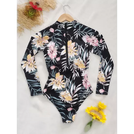 Long Sleeve Floral-Print Hollow Wetsuit Long Sleeve Floral-Print Hollow Wetsuit