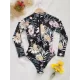Long Sleeve Floral-Print Hollow Wetsuit Long Sleeve Floral-Print Hollow Wetsuit