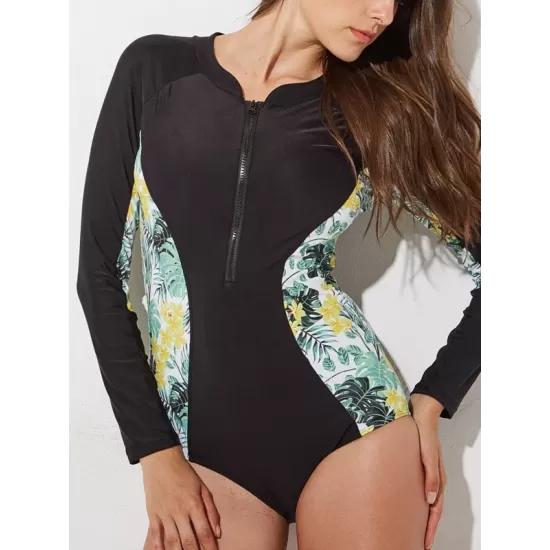 Sexy Slim Long Sleeve Split-Joint Floral Zipper One-Piece Wetsuit Swimwear Sexy Slim Long Sleeve Split-Joint Floral Zipper One-Piece Wetsuit Swimwear