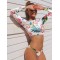 Long Sleeves Leaf Printing Hipster Bikini Rash Guard Swimsuit
