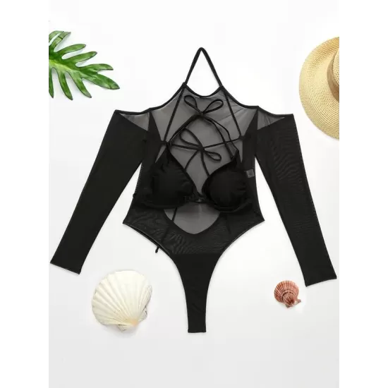 Solid Color See-Through Gauze Wetsuits+Triangles Swim Top Solid Color See-Through Gauze Wetsuits+Triangles Swim Top