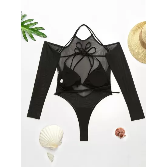 Solid Color See-Through Gauze Wetsuits+Triangles Swim Top Solid Color See-Through Gauze Wetsuits+Triangles Swim Top