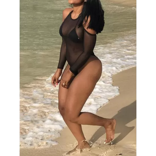 Solid Color See-Through Gauze Wetsuits+Triangles Swim Top Solid Color See-Through Gauze Wetsuits+Triangles Swim Top