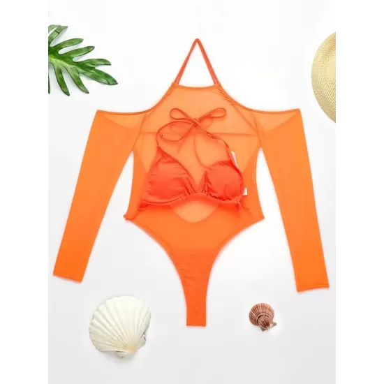 Solid Color See-Through Gauze Wetsuits+Triangles Swim Top Solid Color See-Through Gauze Wetsuits+Triangles Swim Top
