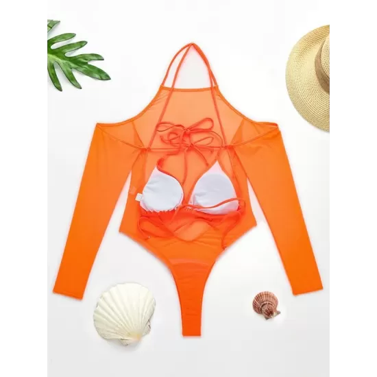 Solid Color See-Through Gauze Wetsuits+Triangles Swim Top Solid Color See-Through Gauze Wetsuits+Triangles Swim Top