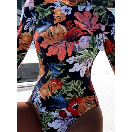 Long Sleeve Floral Print Backless One-Piece Wetsuit Swimwear Long Sleeve Floral Print Backless One-Piece Wetsuit Swimwear