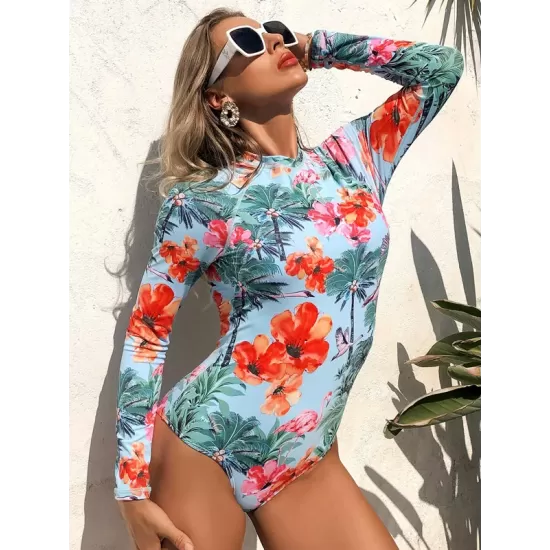 Long Sleeve Floral Print Backless One-Piece Wetsuit Swimwear Long Sleeve Floral Print Backless One-Piece Wetsuit Swimwear