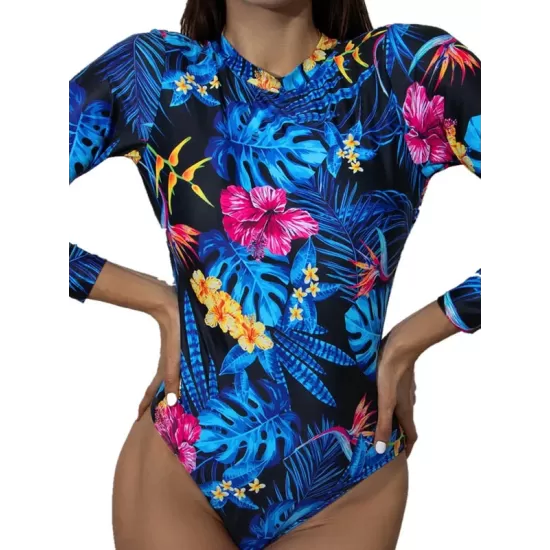 Long Sleeve Floral Print Backless One-Piece Wetsuit Swimwear Long Sleeve Floral Print Backless One-Piece Wetsuit Swimwear