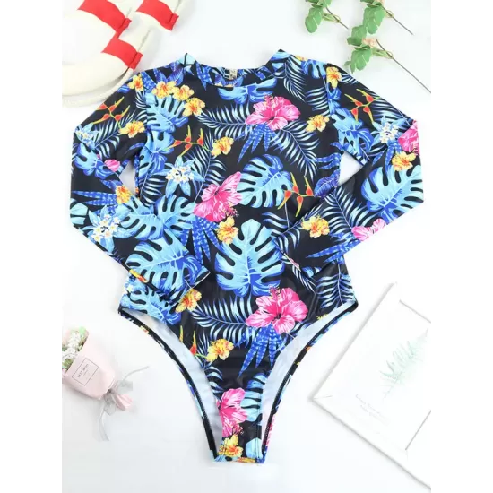 Long Sleeve Floral Print Backless One-Piece Wetsuit Swimwear Long Sleeve Floral Print Backless One-Piece Wetsuit Swimwear