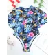 Long Sleeve Floral Print Backless One-Piece Wetsuit Swimwear Long Sleeve Floral Print Backless One-Piece Wetsuit Swimwear