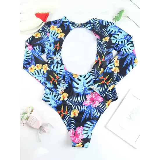 Long Sleeve Floral Print Backless One-Piece Wetsuit Swimwear Long Sleeve Floral Print Backless One-Piece Wetsuit Swimwear